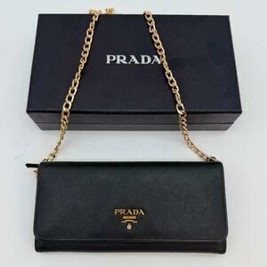 Authentic Prada Saffiano Black Continental Wallet Milano Gold Logo With Box